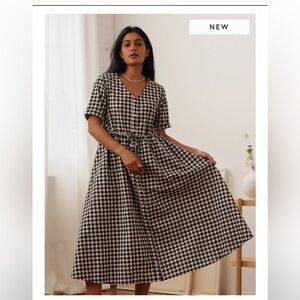 SOLD TRADLANDS NELL MIDI DRESS LINEN BLACK GINGHAM